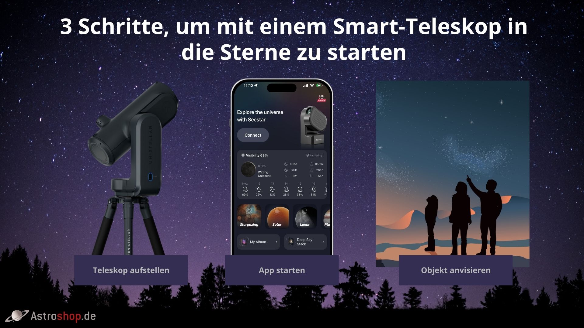 Mit 3 Schritten starten Sie in die Sterne (Teleskop und App nur exemplarisch)